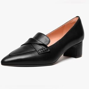 FEMSTEP Pointed Toe Slip On Matte Leather Black Chunky Low Heel Loafers Sz 7